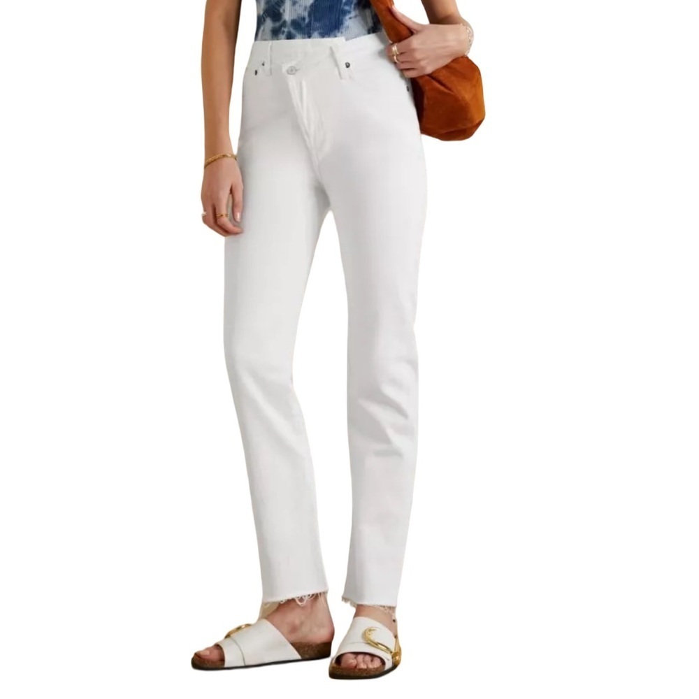 Agolde Criss Cross High Rise Straight Leg White Jeans Half Back Waistband Sz 28